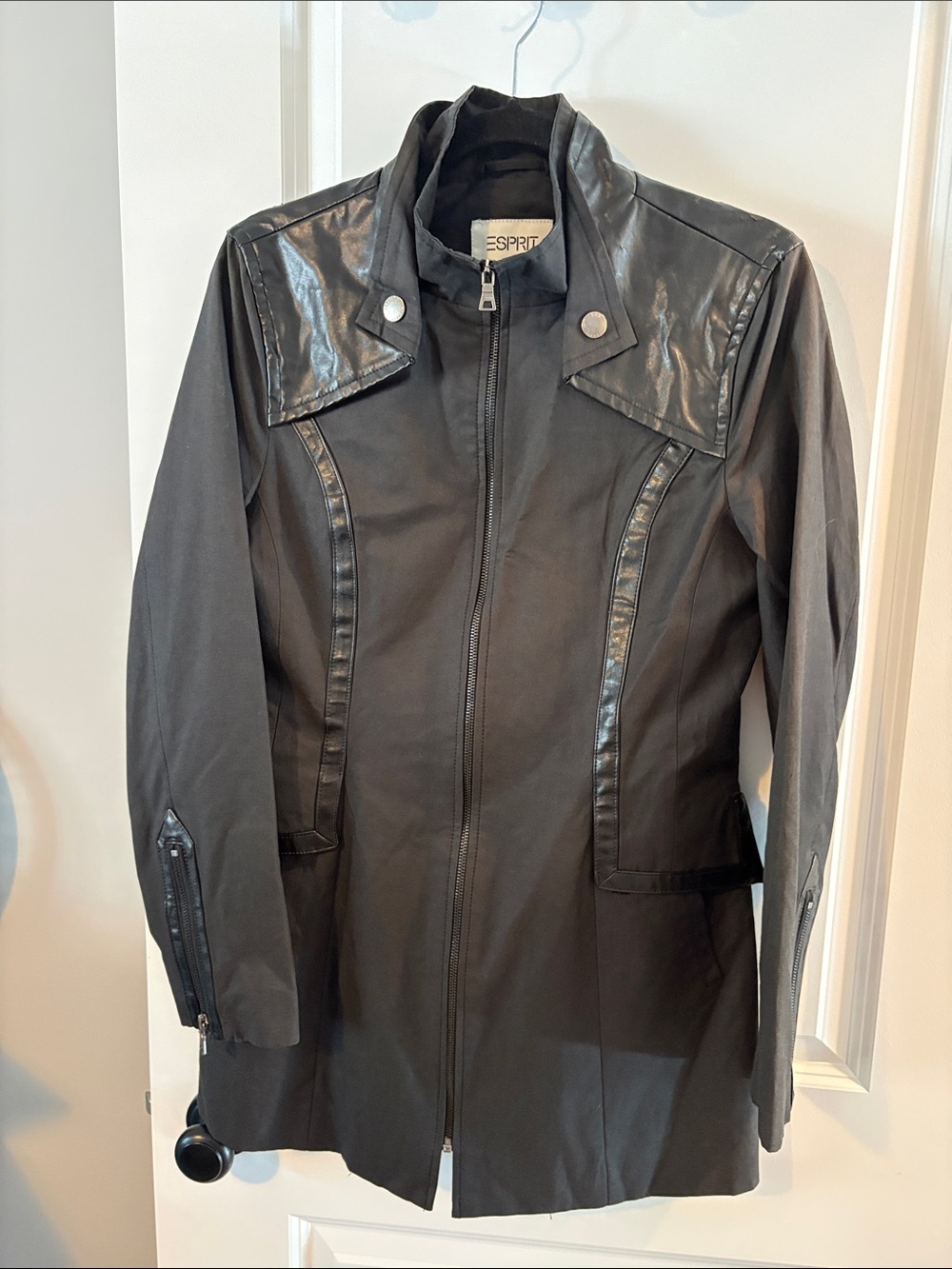 Esprit Black Zip-Front Faux-Leather Trim Jacket